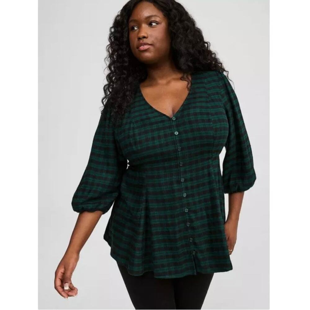 Torrid Green Plaid Dark Academia Babydoll Blouse Size 00 Soft Grunge